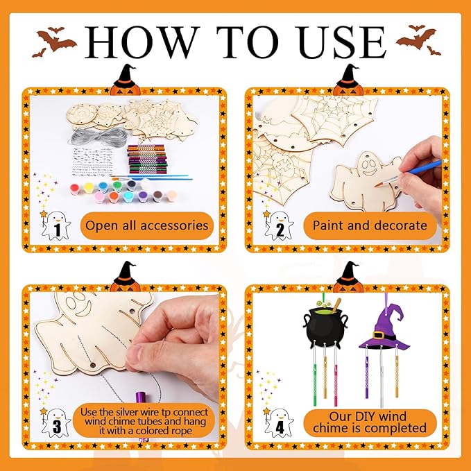JellyArch 30 Pack Halloween Wind Chime Making Kit for Adults Make Your Own Halloween Wind Chime Ghost Pumpkin Bats DIY Crafts Wooden Ornaments for Activity Birthday Decoration
