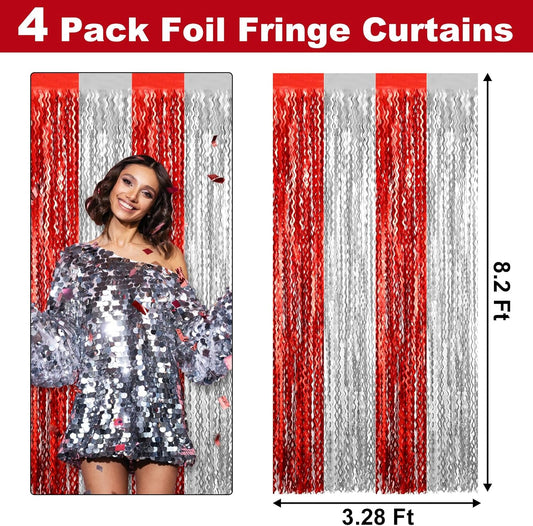 4 Pack Red Silver Fringe Curtain Backdrop 3.2Ft x 8.2Ft Metallic Tinsel Foil Fringe Streamers Background for Photo Booth Mother's Day, Easter, Carnival, Birthday, Wedding Party Decoration