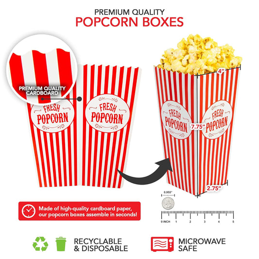[25 Pack] Movie Theater Popcorn Boxes Disposable Red & White Striped - 46 oz Capacity - Vintage Snack Box Concession and Carnival Party Supplies, Individual Popcorn Bucket Containers