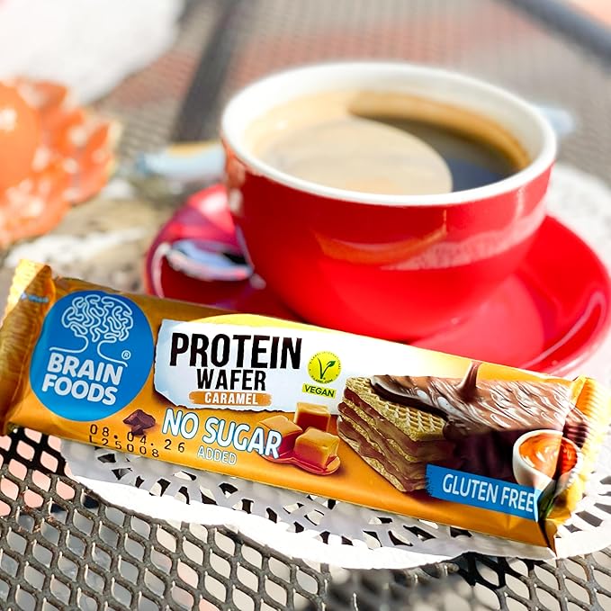 BRAIN FOODS Gluten Free Vegan Caramel Protein Wafers - 12 Bars, No Sugar Added, 8 grams Protein, No Palm Oil, 1.4 oz, 210 Calories, Guilt Free Snack, Natural Caramel Flavoring