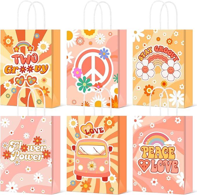Glenmal 24 Pcs Hippie Party Goodie Bags Groovy Candy Bags Boho Party Supplies for Girls Birthday Baby Shower Decorations Daisy Flower Paper Treat with Handles Retro Themed Favors