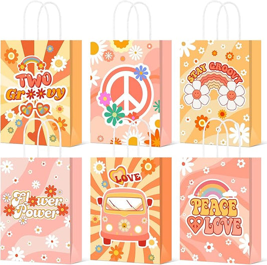 Glenmal 24 Pcs Hippie Party Goodie Bags Groovy Candy Bags Boho Party Supplies for Girls Birthday Baby Shower Decorations Daisy Flower Paper Treat with Handles Retro Themed Favors