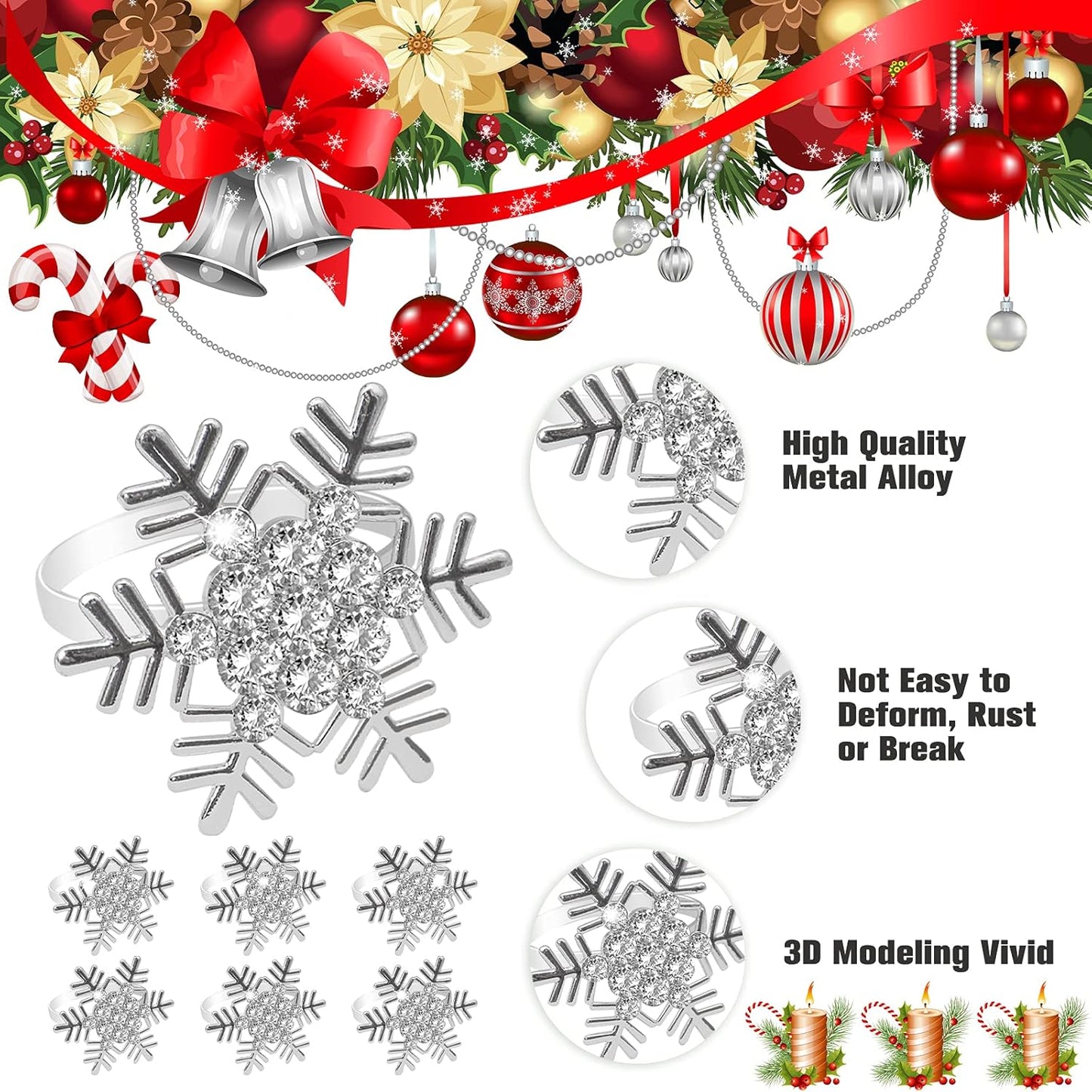 Legigo 6 Pcs Christmas Napkin Rings- Sliver Diamond Snowflake Napkin Holder Rings Dinner Tables Rings for Xmas Winter Holiday Place Setting, Dinner Parties, Weddings, Family Gatherings