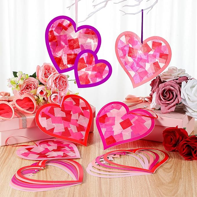 Motipuns 32 Sets Valentine Suncatchers Paper Craft Set DIY Heart Shaped Window Stained Glass Effect Paper Kit for Valentine Mother's Day Art Projects Party Favors (Classic Style)
