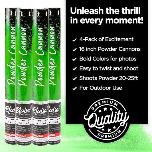 Blaise Pyro & Party - Green Powder Poppers - Water-Soluble & Colorful Powder Cannons for Gender Reveals, Birthdays, Weddings & Celebrations - Easy to Use for Memorable Photos - 16-Inch, 4-Pack