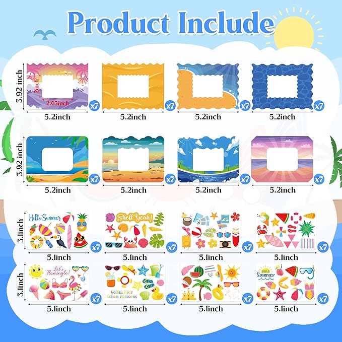 80UncleKimby 56packs Summer Crafts for Kids – DIY Picture Frame Kit with Stickers for End of Year Party Favors, Beach Day, School Classroom Activities