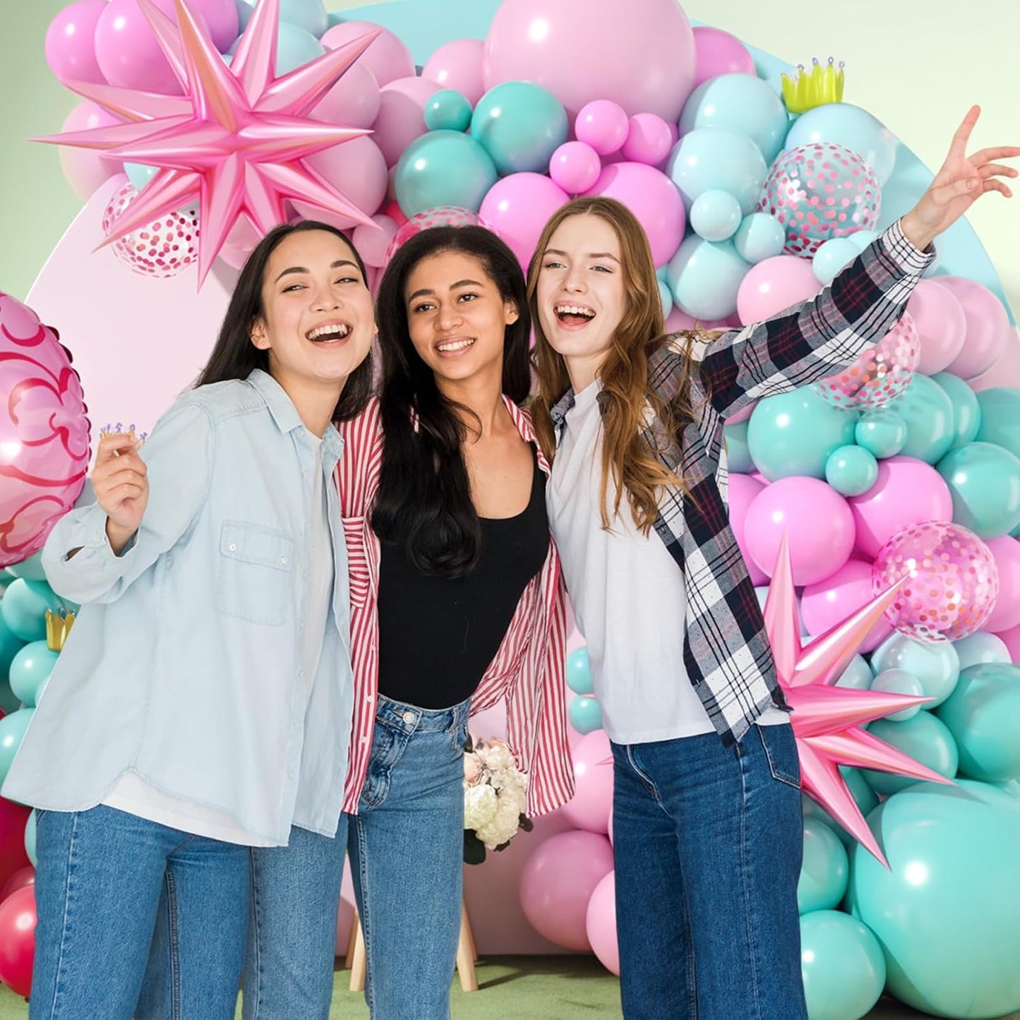 Pink and Teal Blue Balloon Arch Garland Kit, Pastel Pink Teal Blue Turquoise Latex Party Balloons with Star Confetti Balloon for Birthday Wedding Baby Shower Anniversary Party Supplies