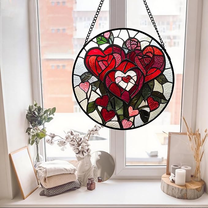Stained Glass Window Hanging Red Heart-Shaped Roses 7.8" - Flower Suncatcher Door Garden Sun Catcher Decor Birthday Anniversary Valentines Day Gifts for Woman Wife Men Her Him Lovers