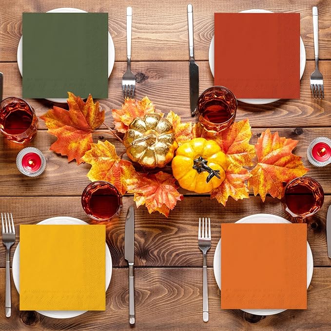 Whaline 120Pcs Fall Colors Cocktail Napkin Autumn Brown Orange Green Beverage Luncheon Paper Napkins 2 Ply for Thanksgiving Home Party Table Decor, 6 Colors