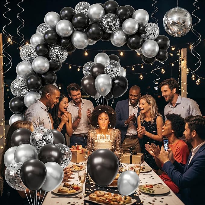 Black and Silver Balloons Arch Kit,130pcs Metallic Black Balloons Garland,Different Sizes Metallic Silver Latex Balloons for Birthday Engagement Baby Shower Wedding Graduation Party Decorations