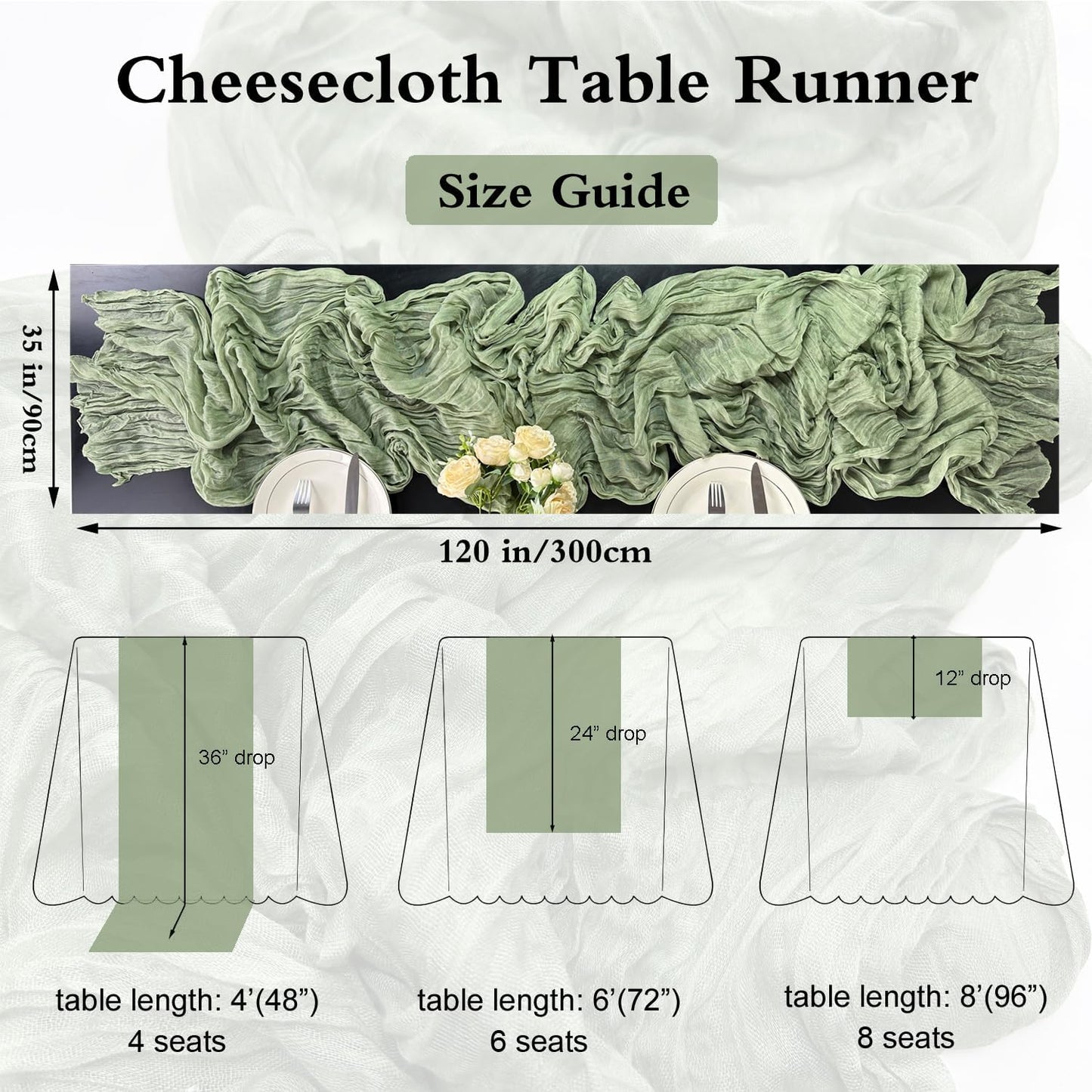 Booque Valley Dusty Green Cheesecloth Table Runner 10ft Super Soft Boho Wrinkled Gauze Sheer Cloth for Baby Shower Baptism Birthday Party Wedding Centerpiece Table Decoration, 35x120 Inch