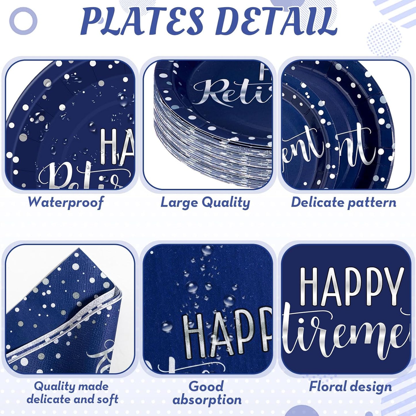 Pickmesh 192 Pcs Retirement Party Decorations Happy Retirement Paper Plates and Napkins Set with Cups and Knife Fork Spoon,Farewell Party Disposable Tableware for 24 Guest Women Men(Blue)