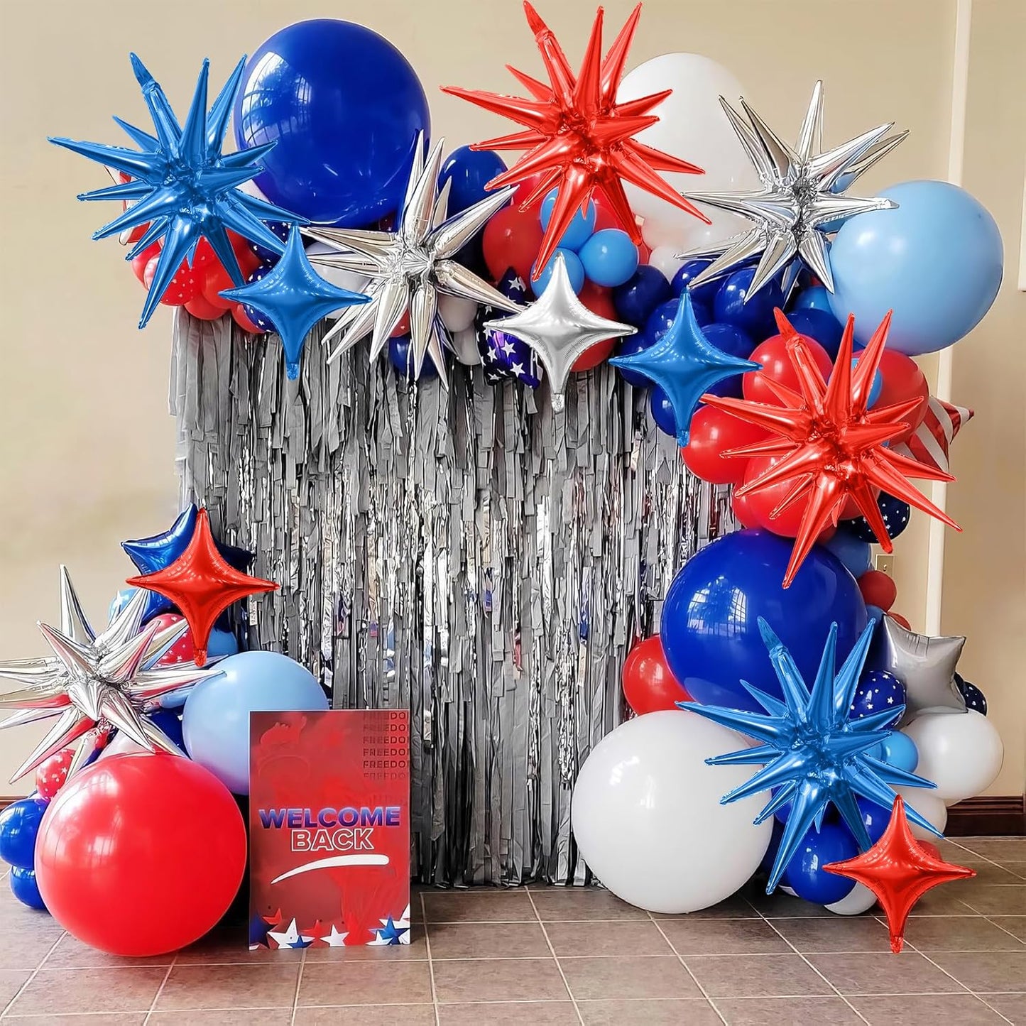 Red Blue Silver Star Balloons,6Pcs 22Inch Explosion Star Balloons and 10Pcs 10Inch Four Angle Balloon Kit for 4th of July Independence Day Birthday Anniversary Usa Party Patriotic Decorations