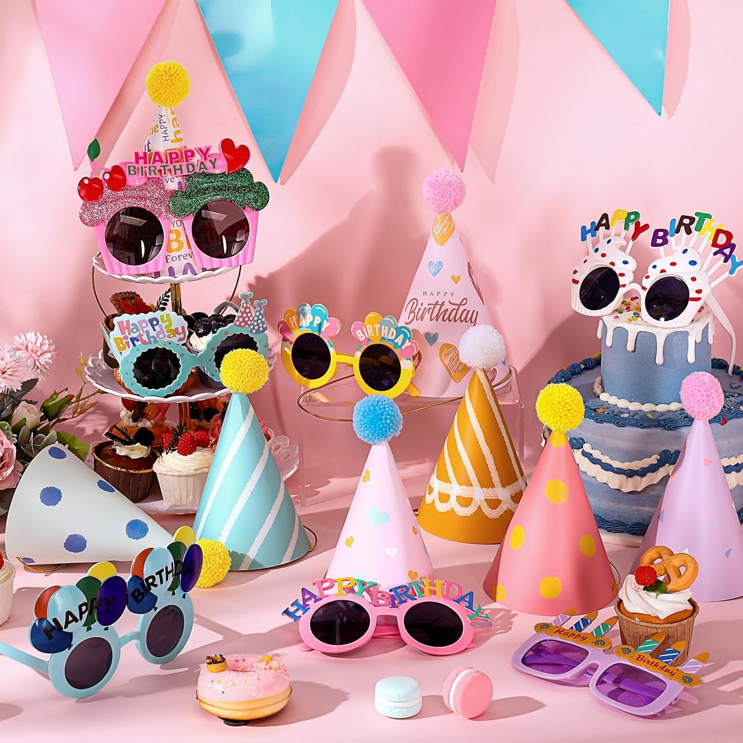 16 Pcs Birthday Party Hats Party Cone Hat with Pom Poms Birthday Glasses Photo Booth Props for Kids Adults (Delicate Style)