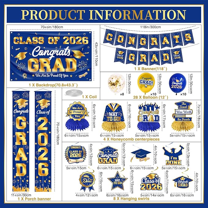 Graduation Decorations Class of 2026 Blue and Gold Graduation Party Decor Set include Congrats Grad Banner Backdrop Class of 2026 Balloons Party Supplies