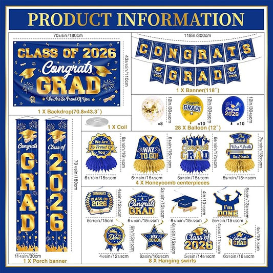Graduation Decorations Class of 2026 Blue and Gold Graduation Party Decor Set include Congrats Grad Banner Backdrop Class of 2026 Balloons Party Supplies
