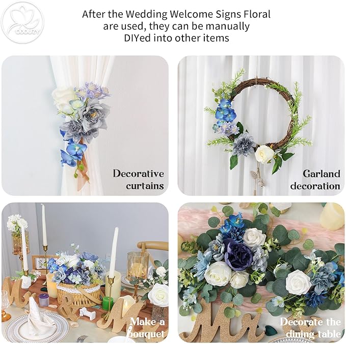 Artificial Wedding Arch Flowers for Wedding Sign,Set of 2 for Wedding Welcome Ceremony Sign,Faux Floral Swags,Wedding, Banquet and Reception Backdrop Floral Decoration (Blue)