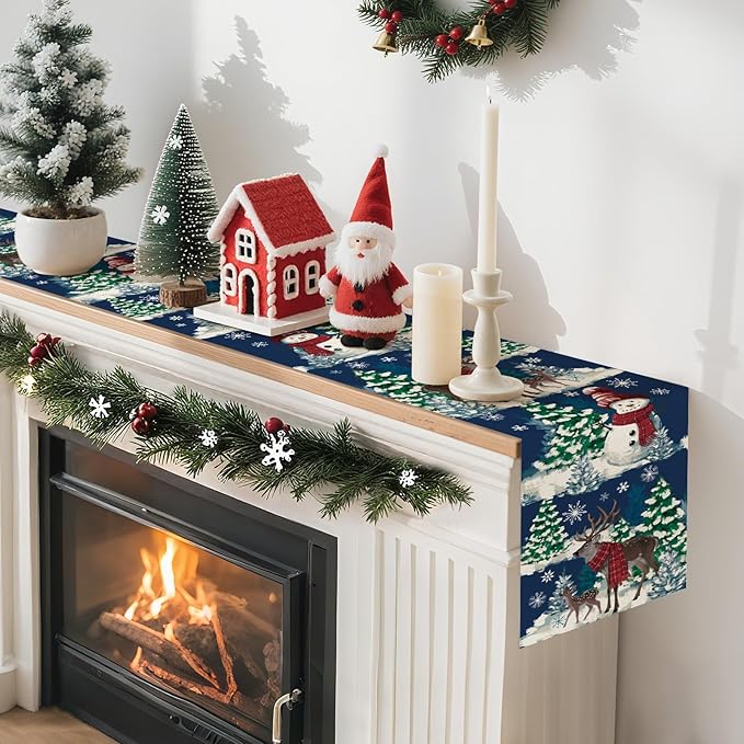 Artscope Reindeer Snowman Christmas Tree Table Runner, Xmas Winter Snowflakes Holiday Kitchen Dining Table Decoration for Christmas Home Party Decor 13x72 Inch-Blue