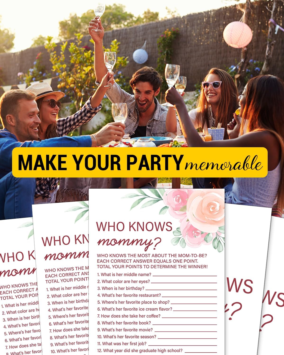 Who Knows Mommy Best Baby Shower Games for Girl, Baby Shower Ideas, Gender Reveal Games, 20 Floral Game Cards for Guests