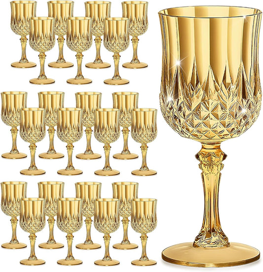24PCS 7OZ Gold Wine Plastic Glasses, Drinking Champagne Glasses Flutes Crystal Vintage Water Unbreakable Goblets for Autumn, Wedding, Parties