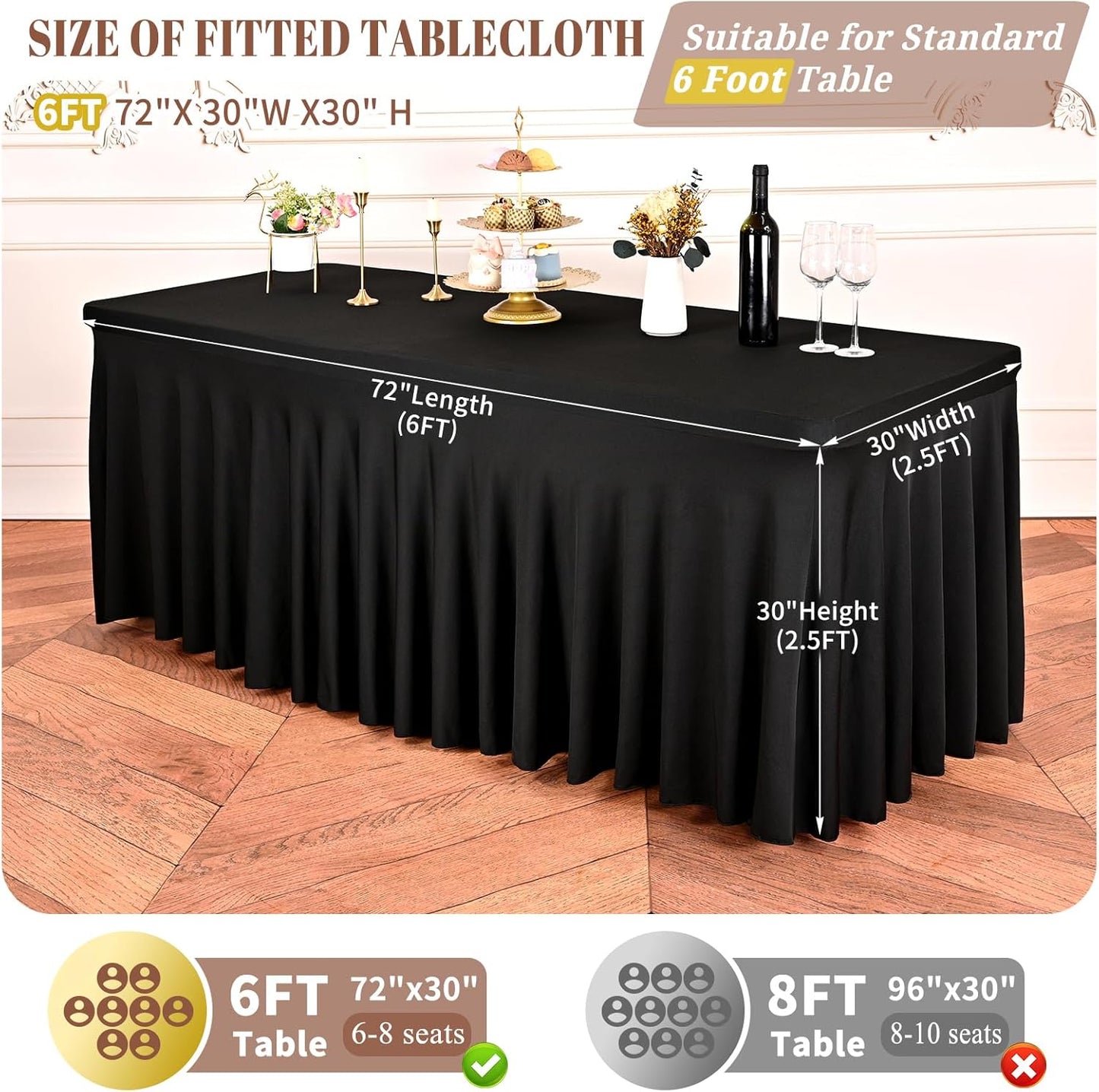 2 Packs Black Stretch Table Skirts for 6 Foot Rectangle Table, Washable Spandex Stretch Tablecloths with Skirt, Wrinkle Resistant Fitted Tablecover for Wedding Party Banquet