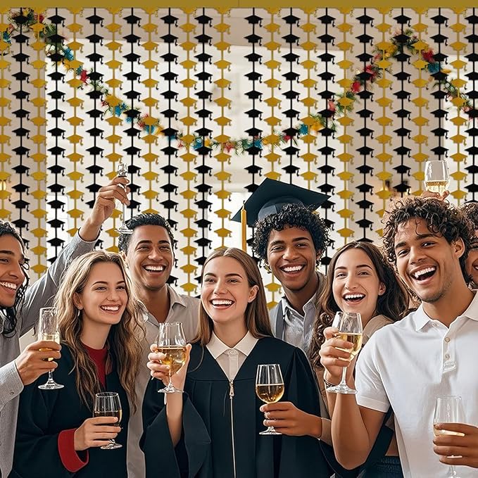 Graduation Party Decorations - 2 Packs Black and Gold Foil Fringe Streamers Curtains for College High School Graduate, Glitter Graduation Hats Backdrop Decorations(3.3x6.6 ft)