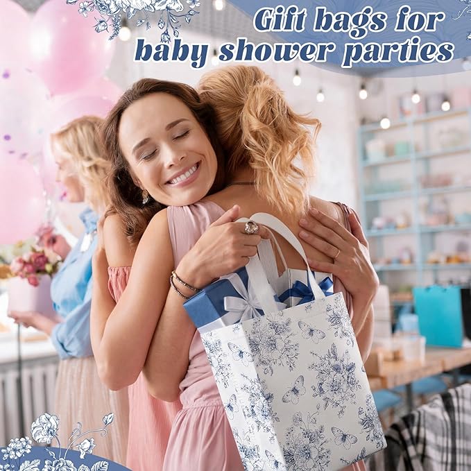 Supervitae 24 Pack Blue Floral Theme Gift Bags Medium Floral Party Favor Flower Totes Reusable Totes Non Woven Goodie Bags for Wedding Birthday Baby Shower Family Holiday Travel(9.8" x 7.9" x 3.9")