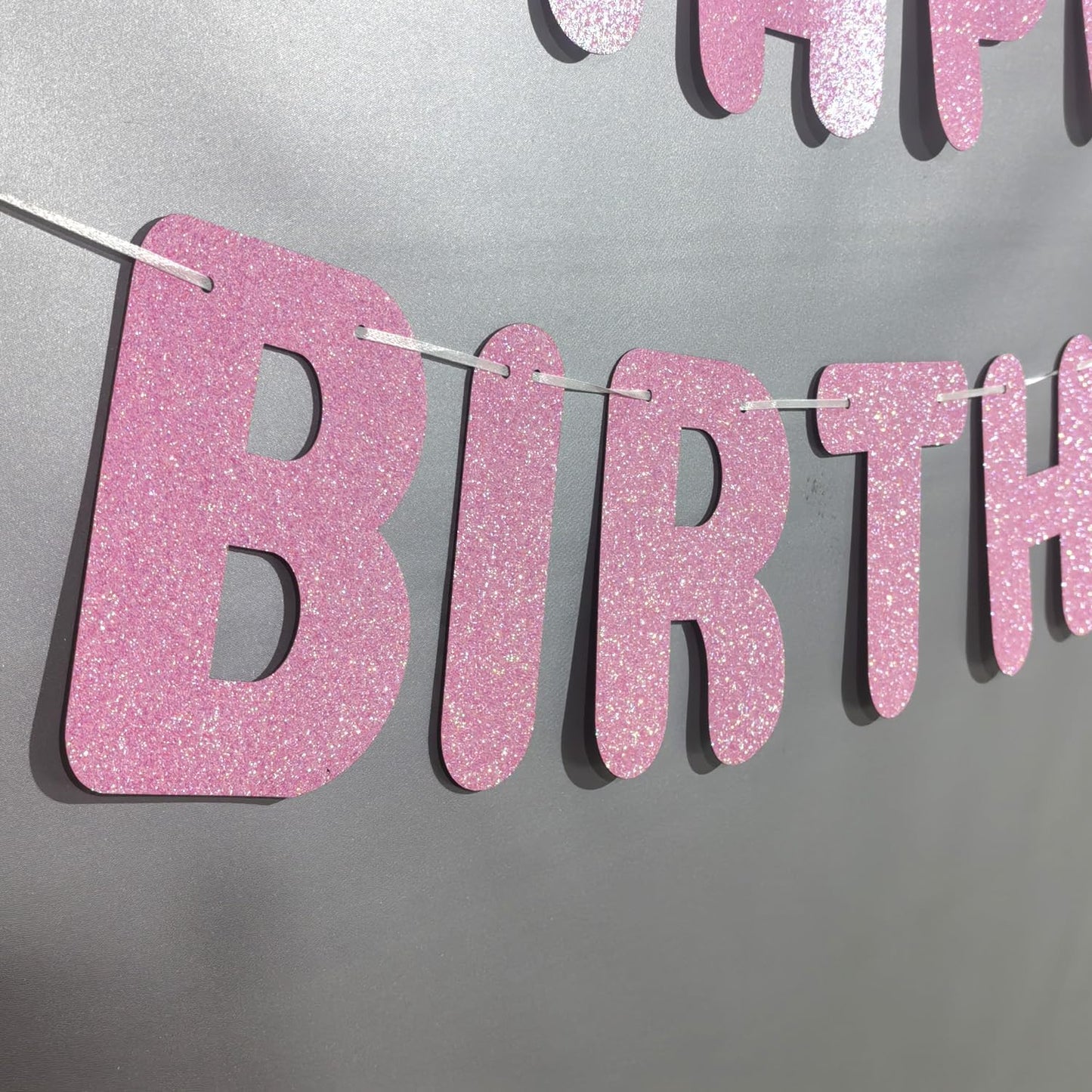 Happy Birthday Banner,with adhesive hooks,pink iridescent letter party banner,Glitter Decor,Kids Baby Adults Birthday Decorations Party Supplies(Pre-Strung)(Pink)