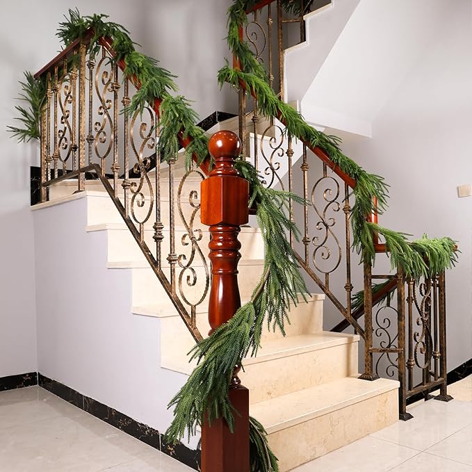4 Pcs Artificial Norfolk Pine Garlands Christmas, 9 FT Dense Real Touch Winter Pine Garland Ornament, Green Artificial Greenery Garland for Table, Mantle, Wall, Indoor, Outdoor Christmas Decorations