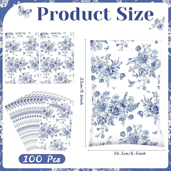 100 Pcs Wildflower Gift Bags Vintage Wildflower Party Favor Bag with Handle Plastic Goodie Candy Treat Gift Wrapping for Wedding Baby Shower Birthday Party Favors Supplies(Blue Floral)