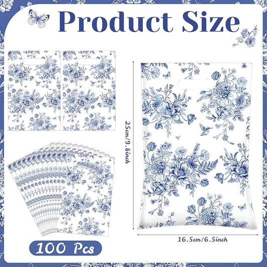 100 Pcs Wildflower Gift Bags Vintage Wildflower Party Favor Bag with Handle Plastic Goodie Candy Treat Gift Wrapping for Wedding Baby Shower Birthday Party Favors Supplies(Blue Floral)