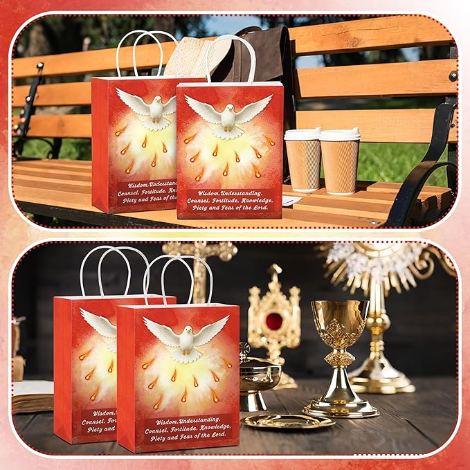 24 Pcs Holy Spirit Confirmation Gift Bags Pentecost Catholic Gift Bag Religious Paper Gifts Supplies with Handles Christian Party Favor for Baptism Party Rcia Decoration