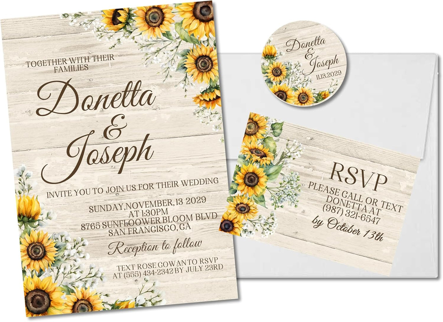Sunflower Wedding Invitations, Rustic Farmhouse Floral, Personalized, Set of 12 Invitations with Envelopes