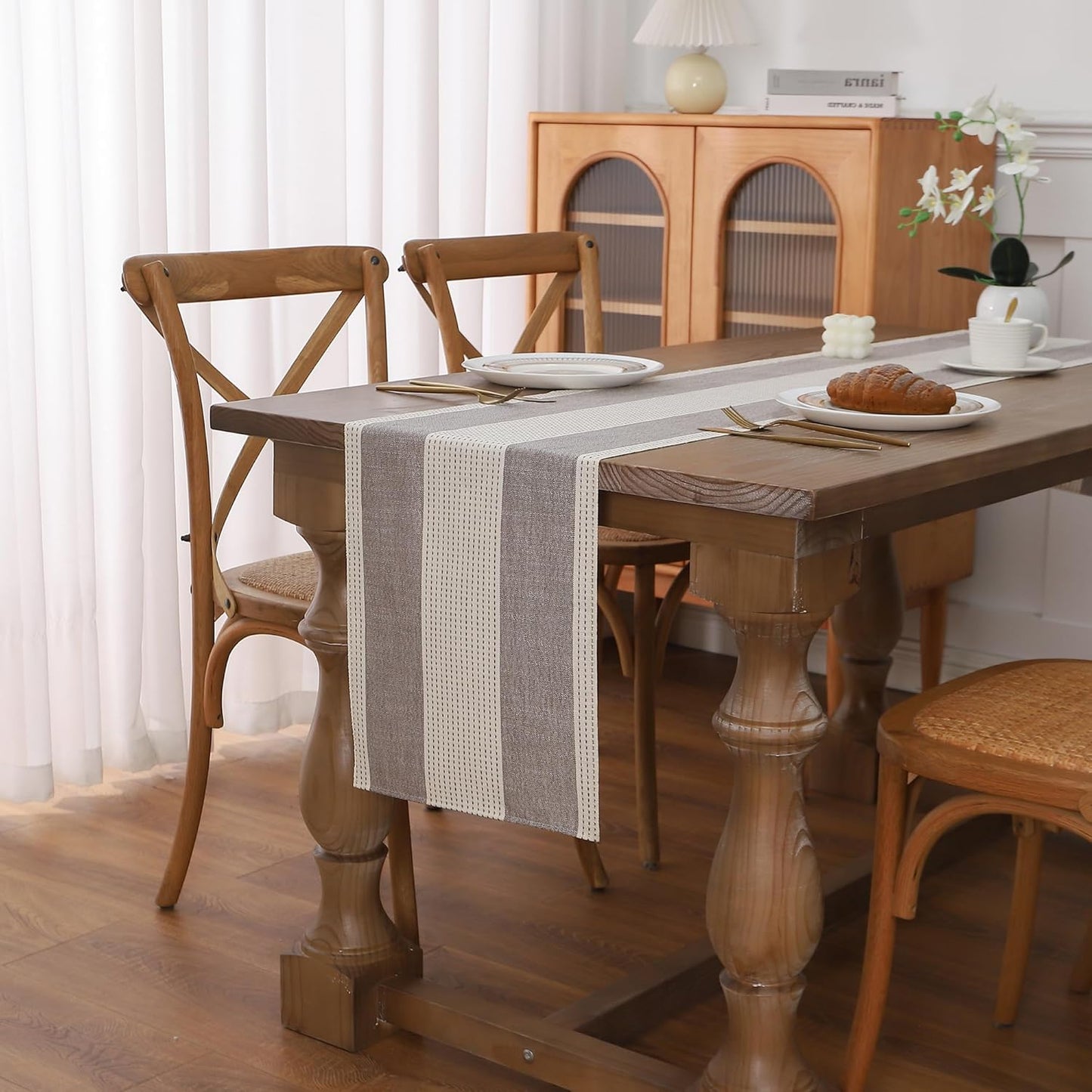 Gernaice Boho Table Runner, Rustic Striped Cotton Linen Farmhouse Table Runners for Holiday Wedding Dining Living Room Bedroom Home Decor, 90" L X 13" W Dark Brown