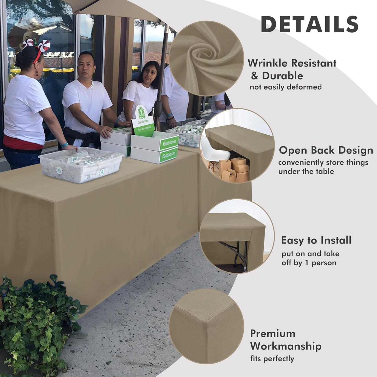Nasitos 2 Pack Fitted Taupe Tablecloth for 4 Foot Tables - Open Back Folding Table Cover Washable Fabric Tablecloths for Trade Show, Craft Show, Events, Vendor Booth