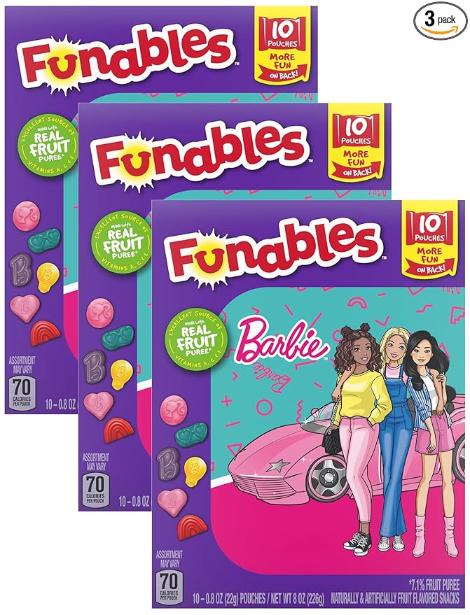 Funables Fruit Snacks, Barbie Shaped Fruit Flavored Snacks, 0.8 ounce Pouches (Pack of 30)