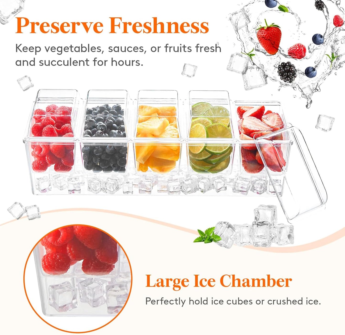 Lifewit 2 Pack Ice Chilled Condiment Caddy with 5 Containers(2.5 cup), Condiment Server with Separate Lids, Serving Tray Platter for Bar Accessories, Fruit, Salad, Taco, Party Garnish