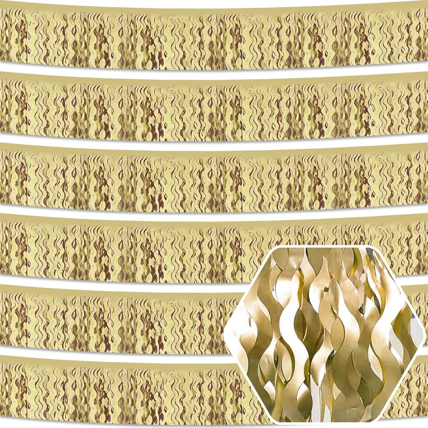 6 Pack 10 Feet Light Gold Wave Foil Fringe Garland Metallic Tinsel Streamers Banner Wall Hanging Curtain Backdrop for Parade Floats, Mother's Day, Easter, Wedding, Birthday Party Decoration