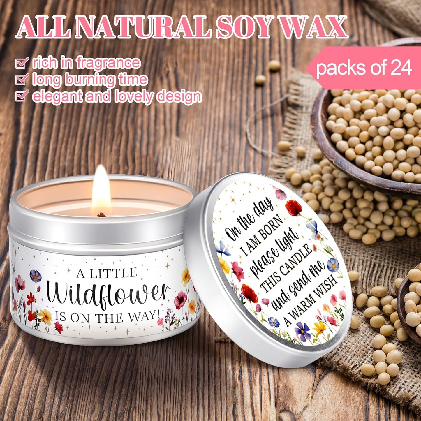 MTLEE 24 Pcs Wildflowers Baby Shower Party Favors Candles Lavender Scented Baby Shower Favors for Guests Rustic Tealights Candles Gender Reveal Return Gifts Girl Boy(1.2 Oz, Colorful)