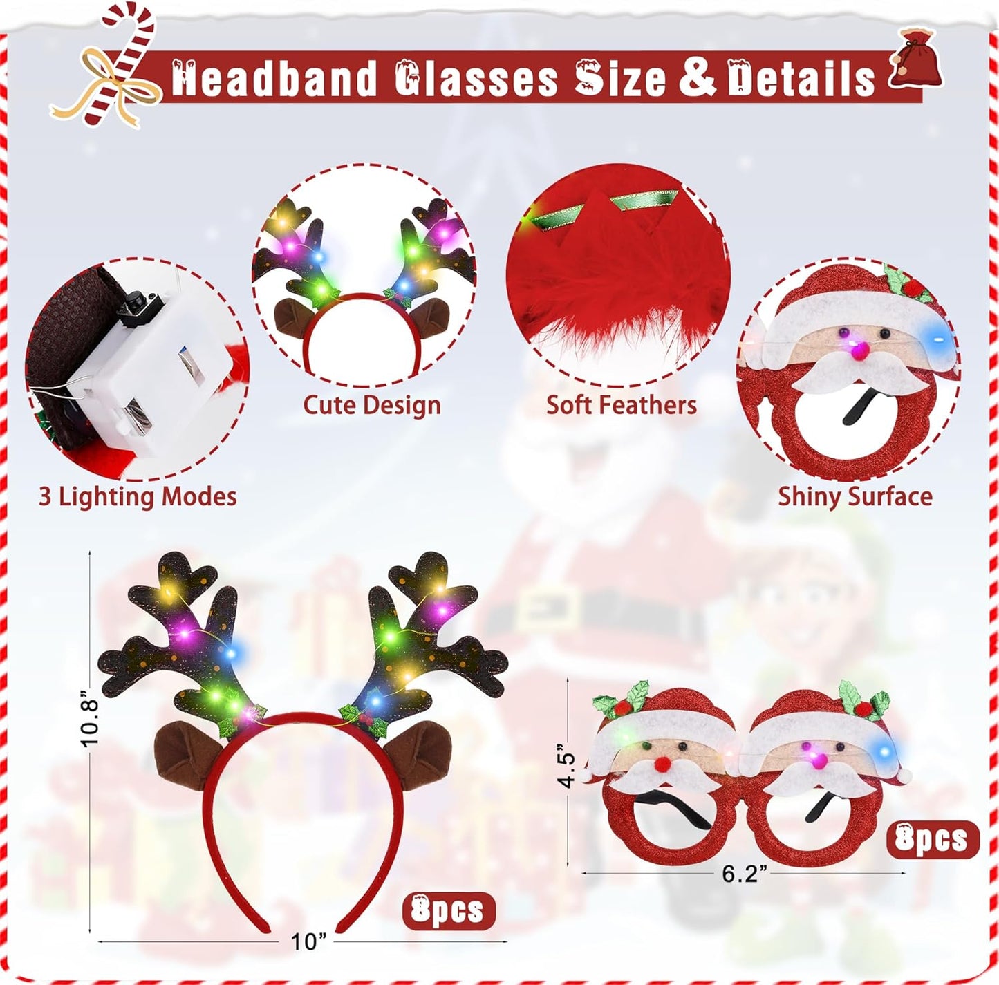 24 PCS Christmas Party Favors, Light Up Candy Cane Snowflake Tree Bulb Necklace LED Headwear Glow Eyeglasses Set for Bulk Xmas Gifts, Christmas Ugly Sweater Party Supplies, Christmas Accessories