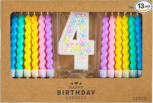 PHD CAKE Number 4 Birthday Candle Macaron Glitter Number Candle with Rainbow Spiral Candles in Holders for Cake Topper, Pastel Sweet Theme Party Decoration