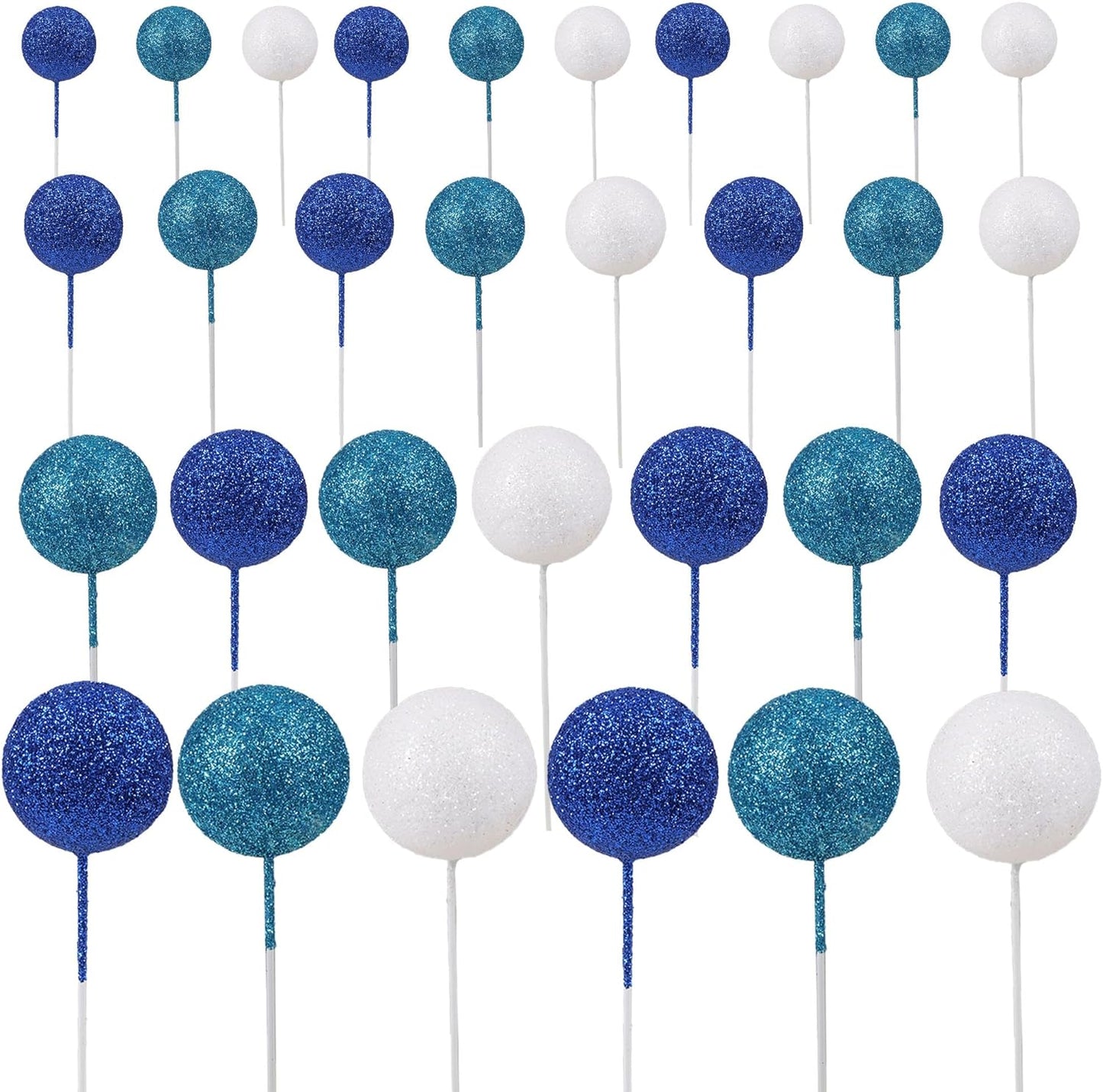 30Pcs Glitter Balls Cake Topper Foam Ball Cake Picks Mini Balloon DIY Cake Insert Topper Decoration for Baby Shower Wedding Anniversary Birthday Graduation Party Cake Decorations White Blue Deep Blue