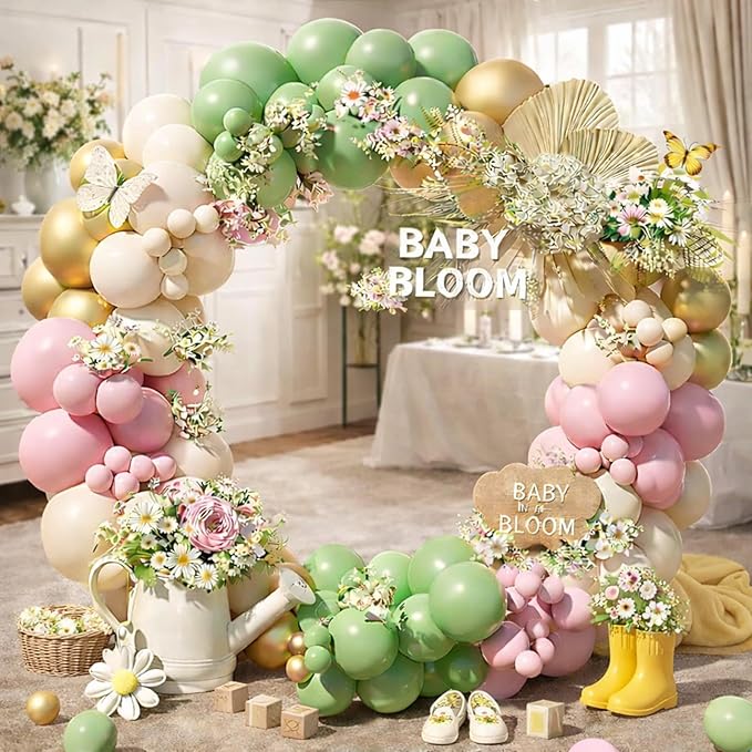 160pcs Baby in Bloom Balloon Arch Kit, Sage Green and Pink White Sand Metallic Gold Balloons for Baby in Bloom Spring Baby Shower Mother's Day Boho Birthday Party Decoration