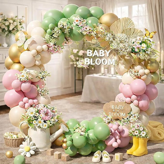 160pcs Baby in Bloom Balloon Arch Kit, Sage Green and Pink White Sand Metallic Gold Balloons for Baby in Bloom Spring Baby Shower Mother's Day Boho Birthday Party Decoration