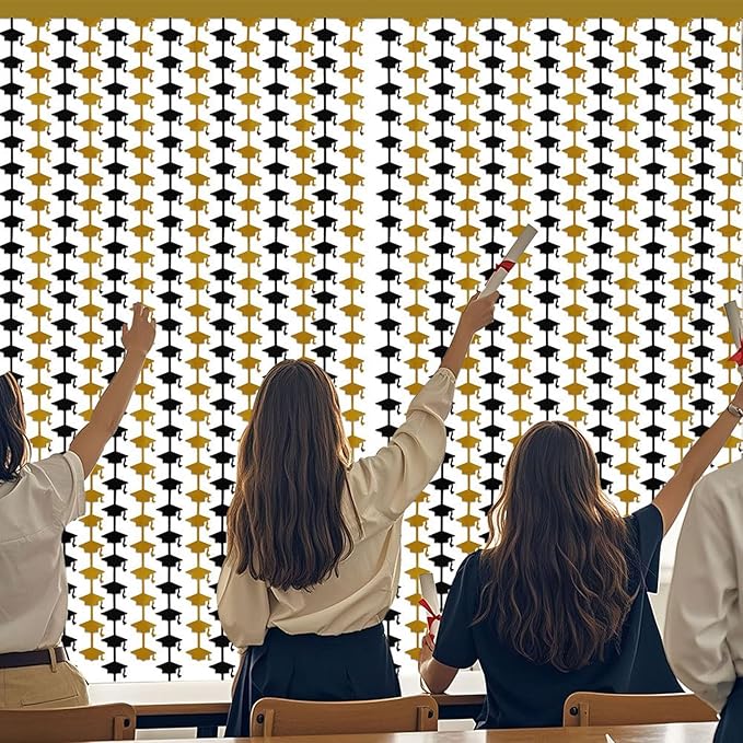 Graduation Party Decorations - 2 Packs Black and Gold Foil Fringe Streamers Curtains for College High School Graduate, Glitter Graduation Hats Backdrop Decorations(3.3x6.6 ft)