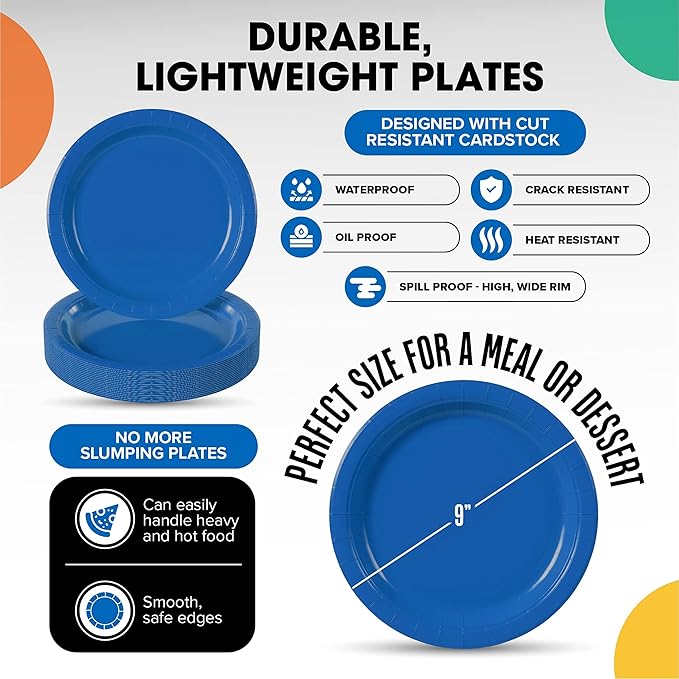 Exquisite Party Solids Dark Blue Paper Plates Disposable Heavy Duty 9 Inch Dark Blue Disposable Plates For Party 100 Pcs Heavy Duty 350 GSM, Birthday Supplies