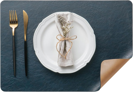 DOLOPL Placemats Set of 8 Reversible Dual-Color Table Placemats– Heat Resistant Wipeable & Washable Place Mats, Luxury Faux Leather Table Mats for Vintage Dining Table Decor (Camel & Navy Blue)