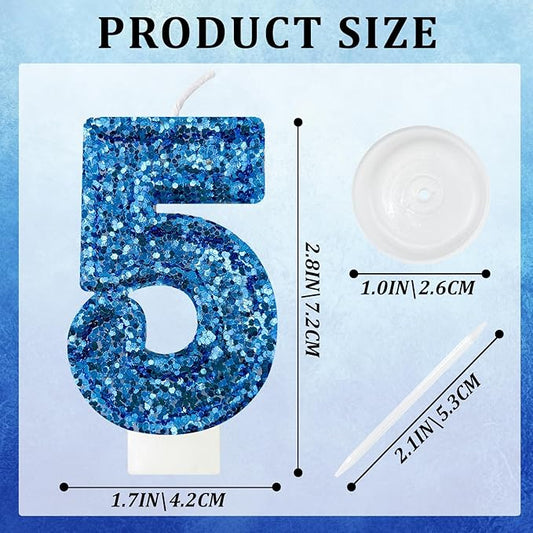 Zailo Birthday Number Candles, Glitter Number Candle Cake Decorations with Sequins, Cupcake Decorations for Girls, Women, Party Anniversary Celebrations (Number 5, Blue)