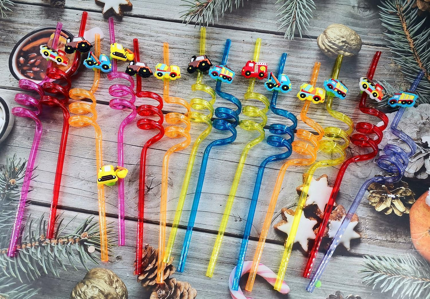 24 Packs Race Car Bulk Reusable Plastic Straws Birthday Party Favors, Theme Curly Drinking Straws Party Supplies