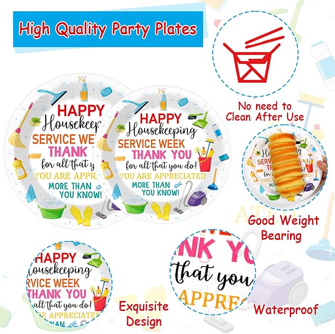 96Pcs Colorful Happy Housekeeping Week Paper Plates and Napkins We Appreciate You Disposable Tableware Thanks for All You Do Party Plate for 24 Guests Housekeepers Appreciation Party Supplies